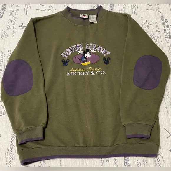 Mickey Mouse & Co “Genuine Garment” Sweatshirt Olive Green/Purple Large Preowned - Picture 7 of 7